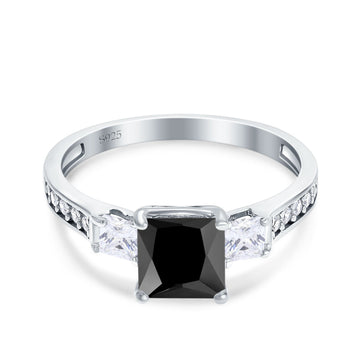 Princess Cut Art Deco Wedding Ring Simulated Black CZ 925 Sterling Silver